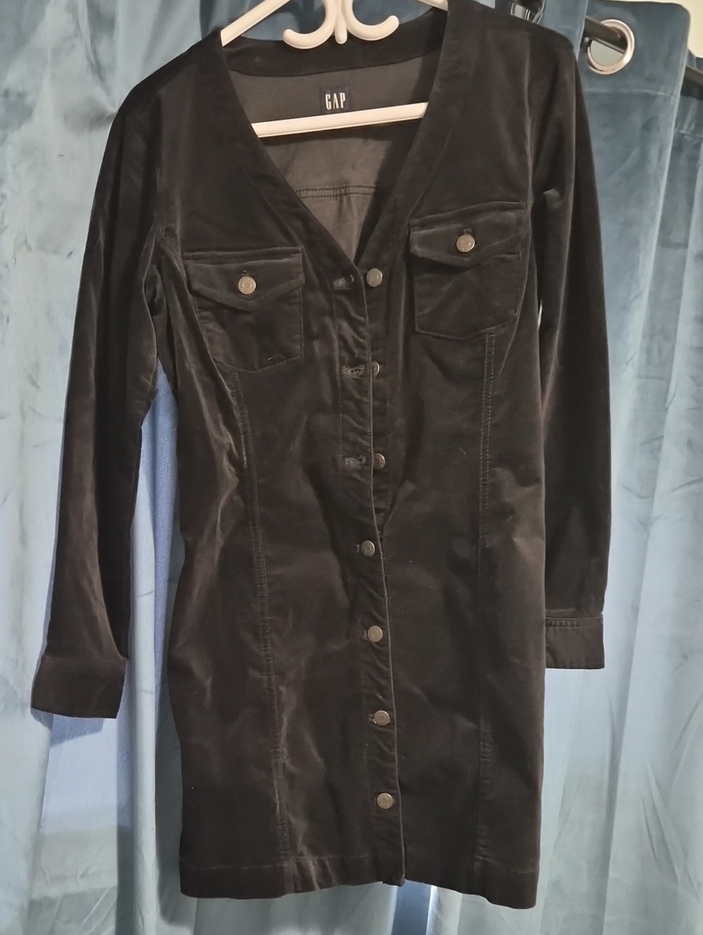 GAP Black Velvet Button-Front Long Sleeve Dress